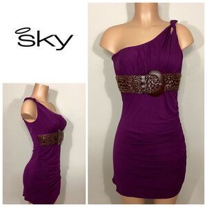 New. SKY purple Grecian style dress with leather. Normally $224. Medium